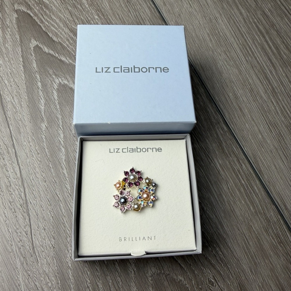 Liz Claiborne Brilliant Floral Cluster Brooch Rhinestone Pearl Silver Tone
